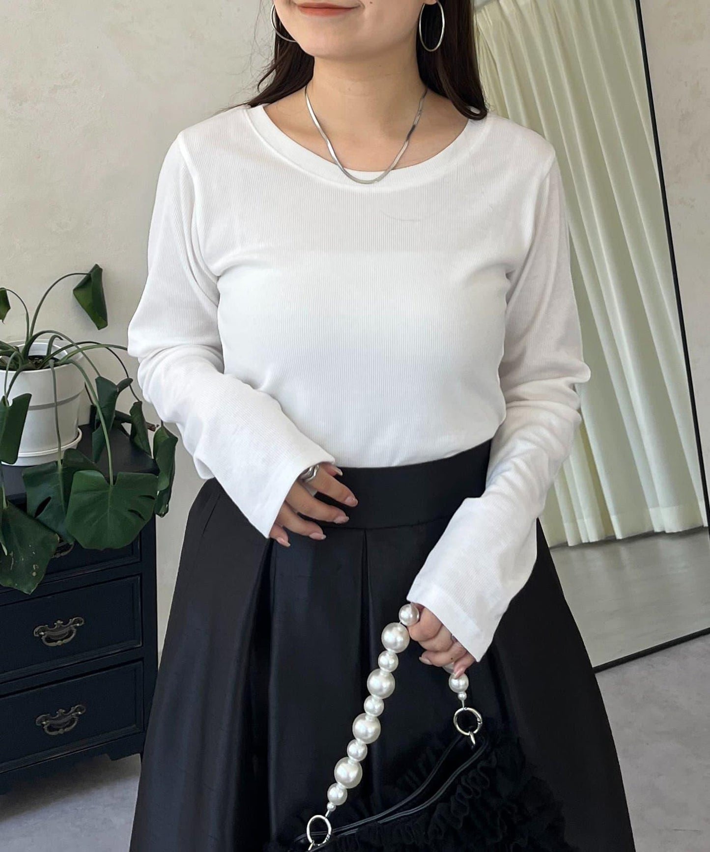 【可選領型】背部金屬裝飾羅紋長袖T恤