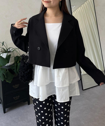 方領珍珠荷葉邊疊穿長袖T恤