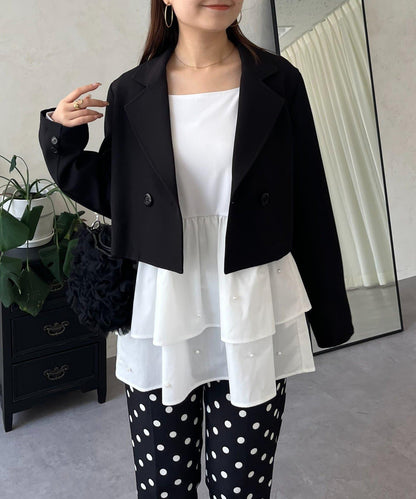 方領珍珠荷葉邊疊穿長袖T恤