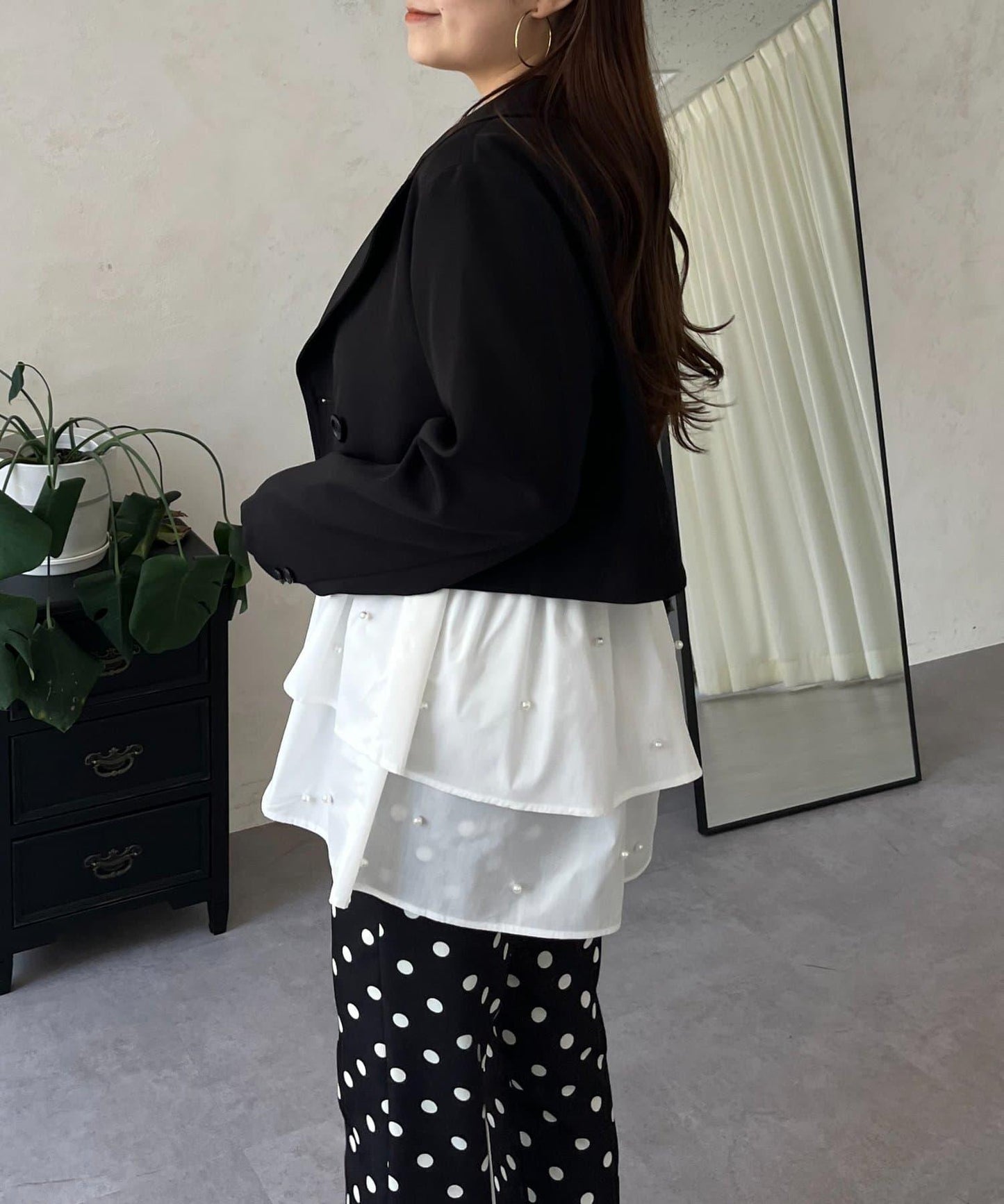 方領珍珠荷葉邊疊穿長袖T恤