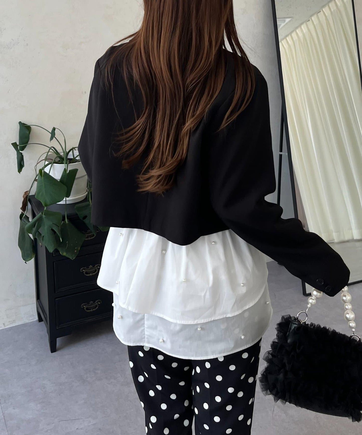 方領珍珠荷葉邊疊穿長袖T恤