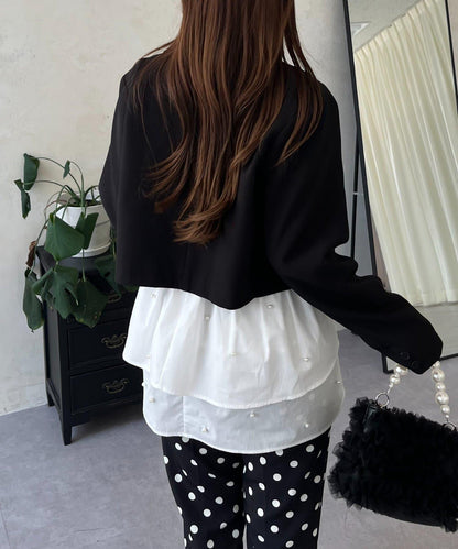 方領珍珠荷葉邊疊穿長袖T恤