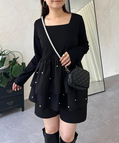 方領珍珠荷葉邊疊穿長袖T恤