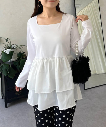 方領珍珠荷葉邊疊穿長袖T恤