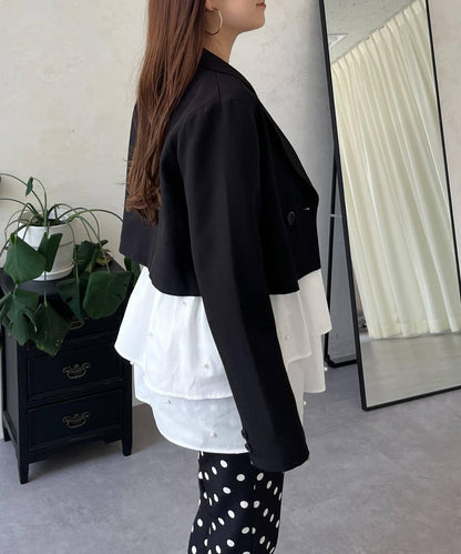 方領珍珠荷葉邊疊穿長袖T恤