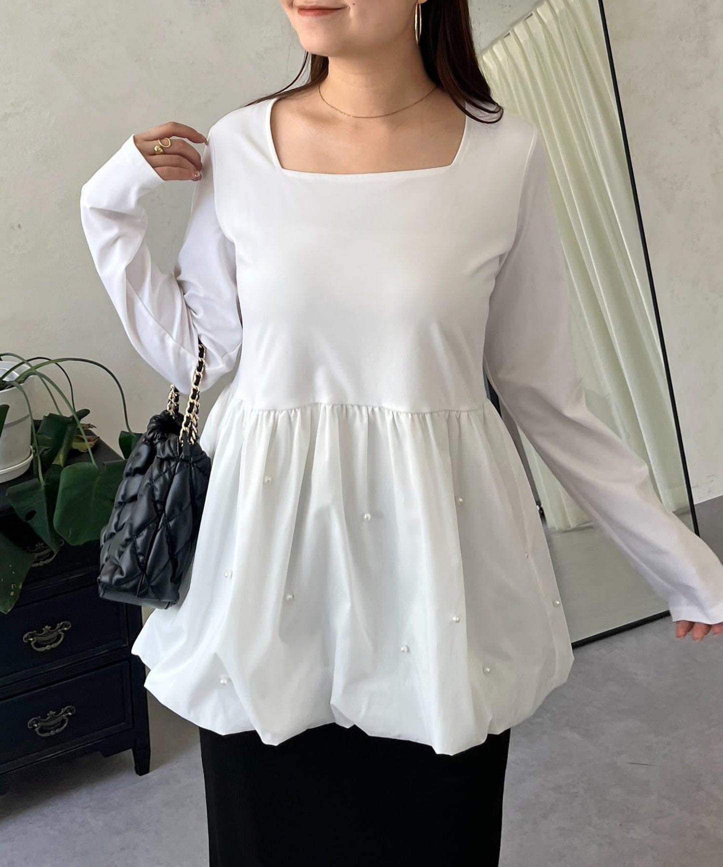 方領珍珠荷葉邊疊穿長袖T恤