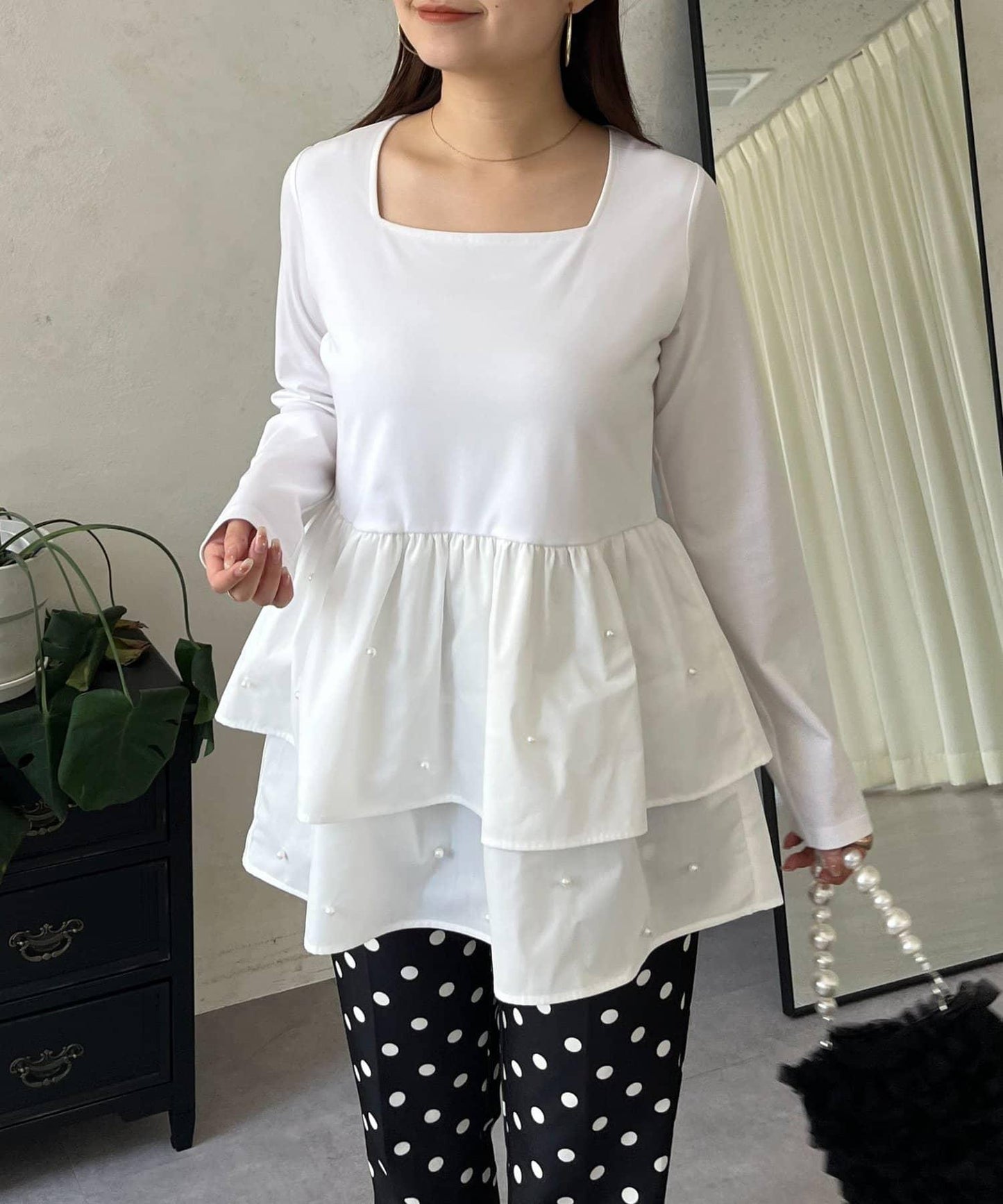 方領珍珠荷葉邊疊穿長袖T恤