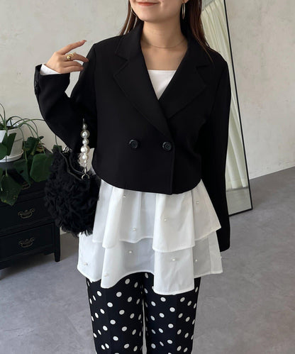 方領珍珠荷葉邊疊穿長袖T恤