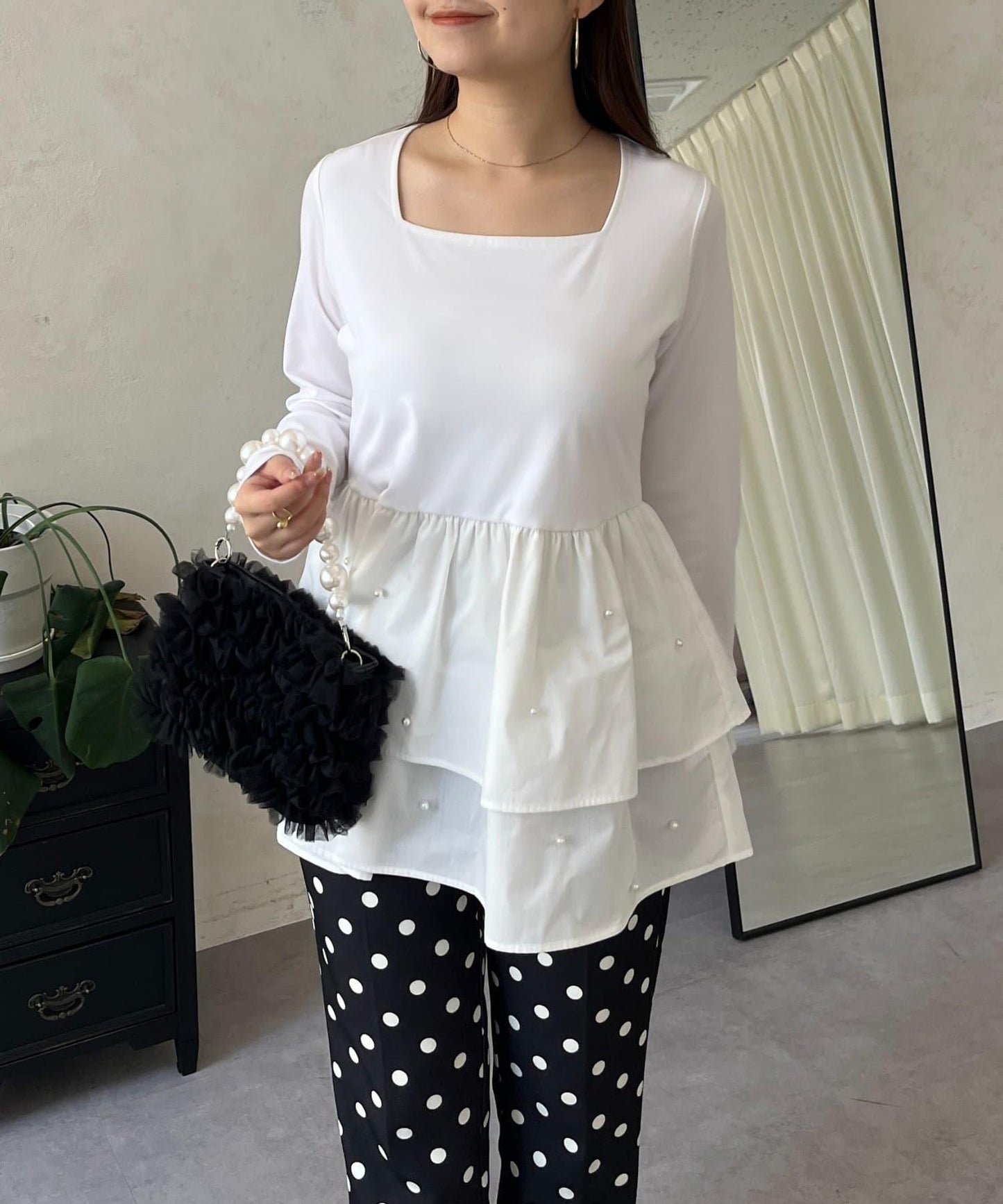 方領珍珠荷葉邊疊穿長袖T恤