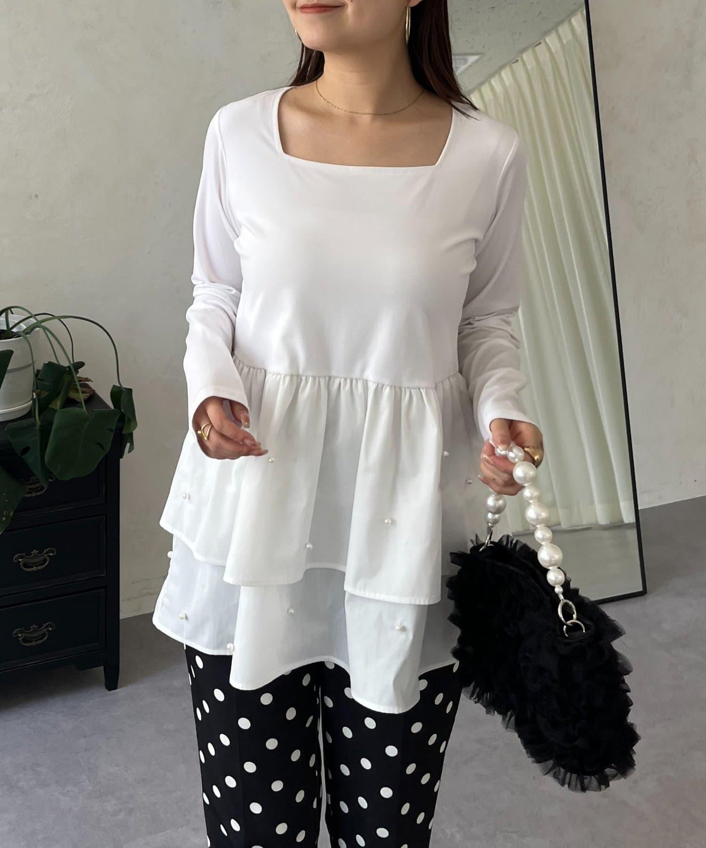 方領珍珠荷葉邊疊穿長袖T恤
