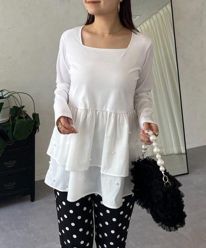 方領珍珠荷葉邊疊穿長袖T恤