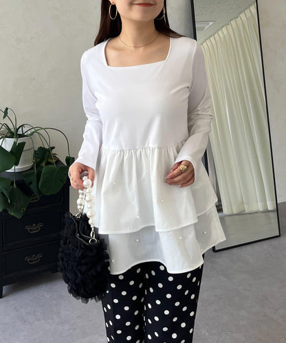 方領珍珠荷葉邊疊穿長袖T恤