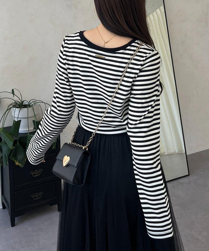 背部金屬條紋羅紋長袖T恤