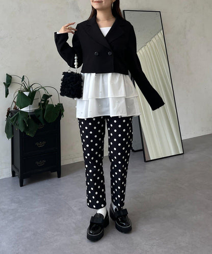 方領珍珠荷葉邊疊穿長袖T恤