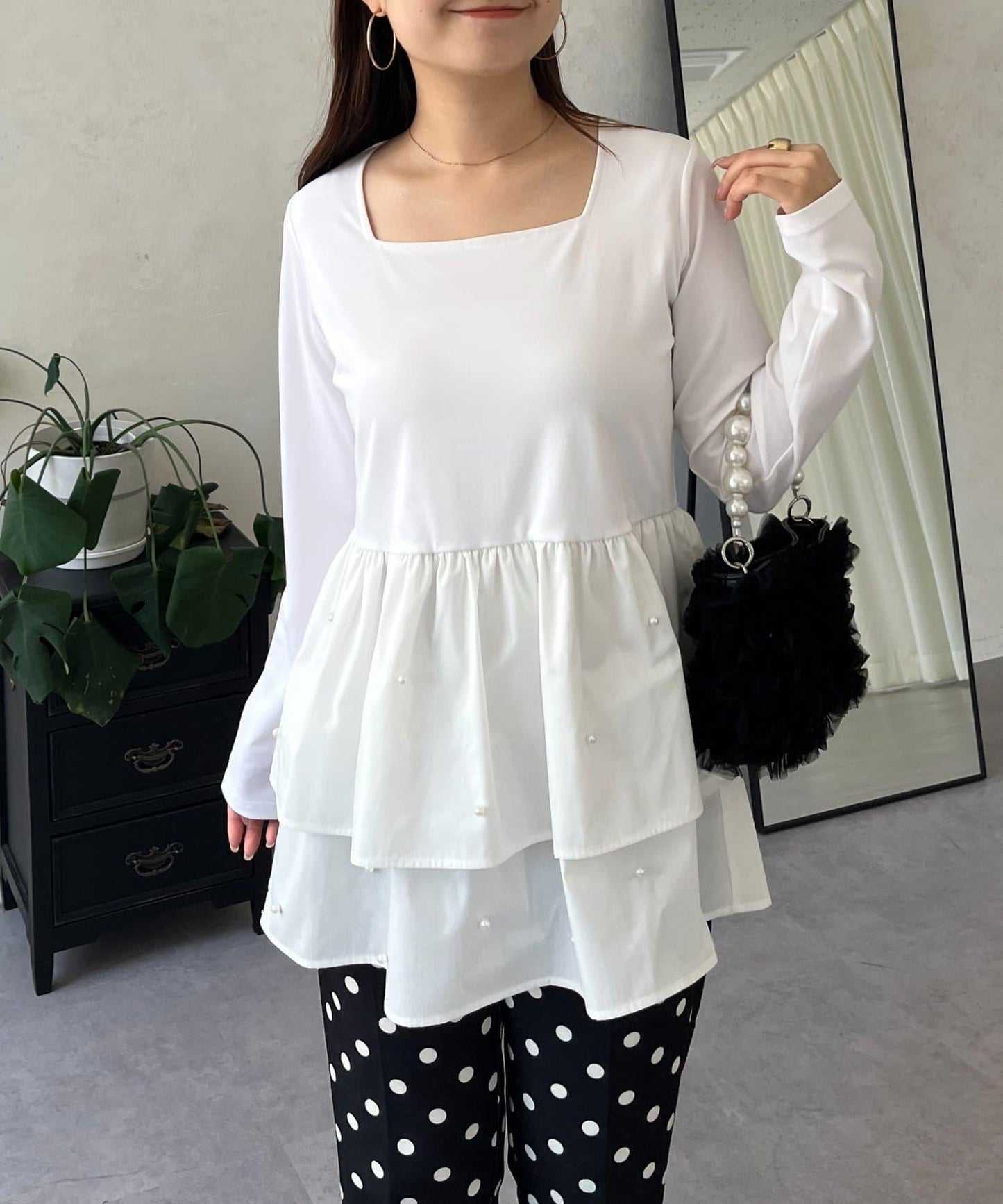 方領珍珠荷葉邊疊穿長袖T恤