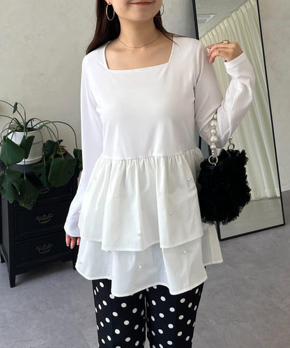 方領珍珠荷葉邊疊穿長袖T恤