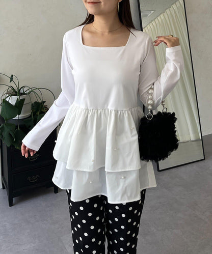 方領珍珠荷葉邊疊穿長袖T恤