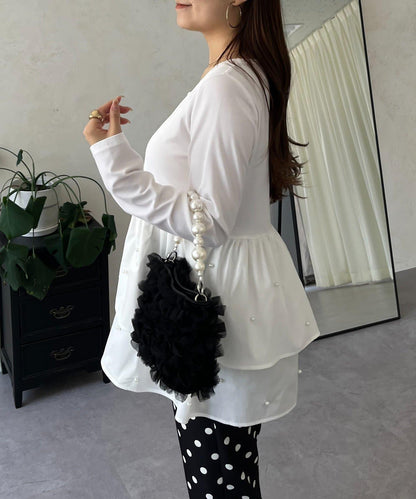 方領珍珠荷葉邊疊穿長袖T恤