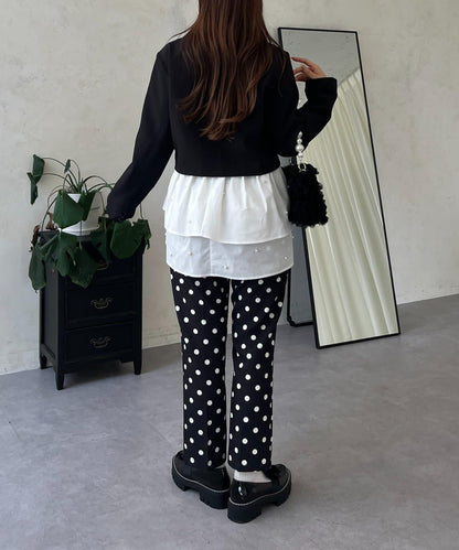 方領珍珠荷葉邊疊穿長袖T恤