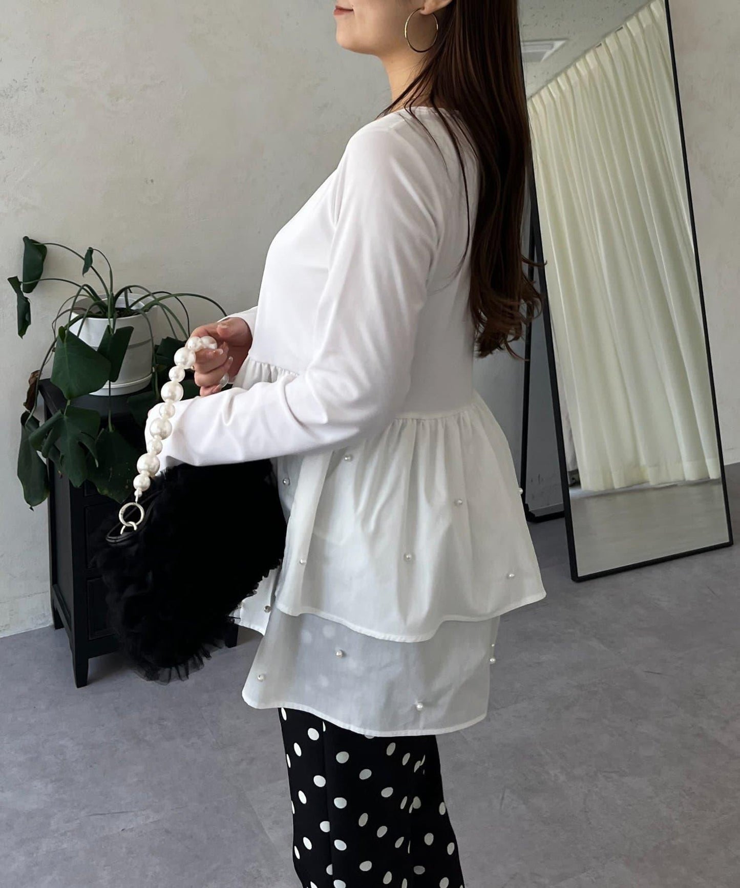 方領珍珠荷葉邊疊穿長袖T恤