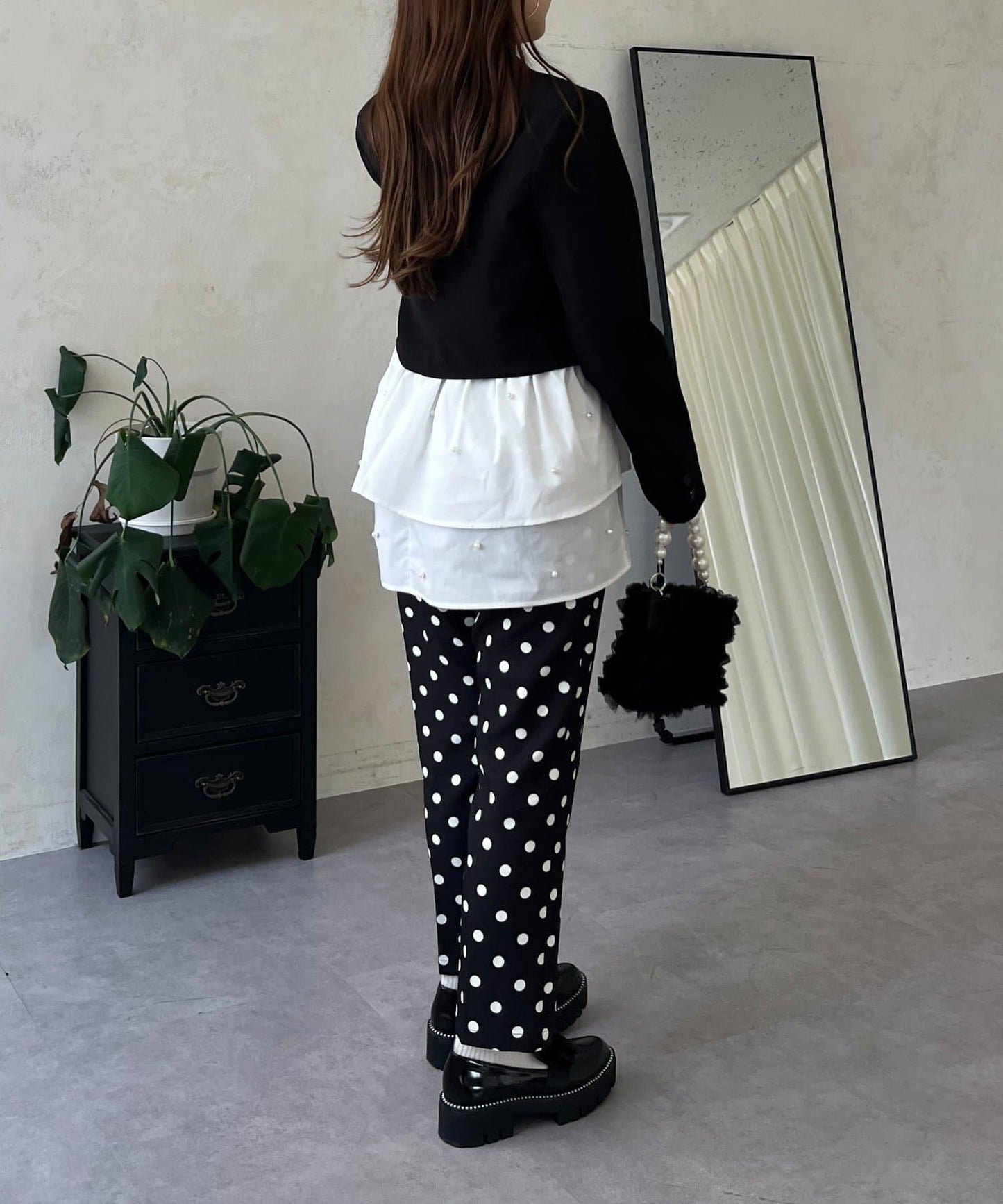 方領珍珠荷葉邊疊穿長袖T恤