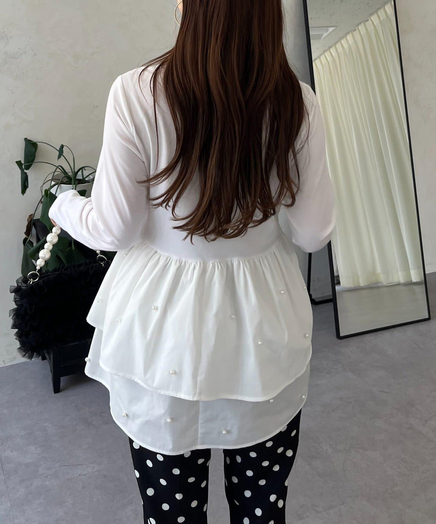 方領珍珠荷葉邊疊穿長袖T恤