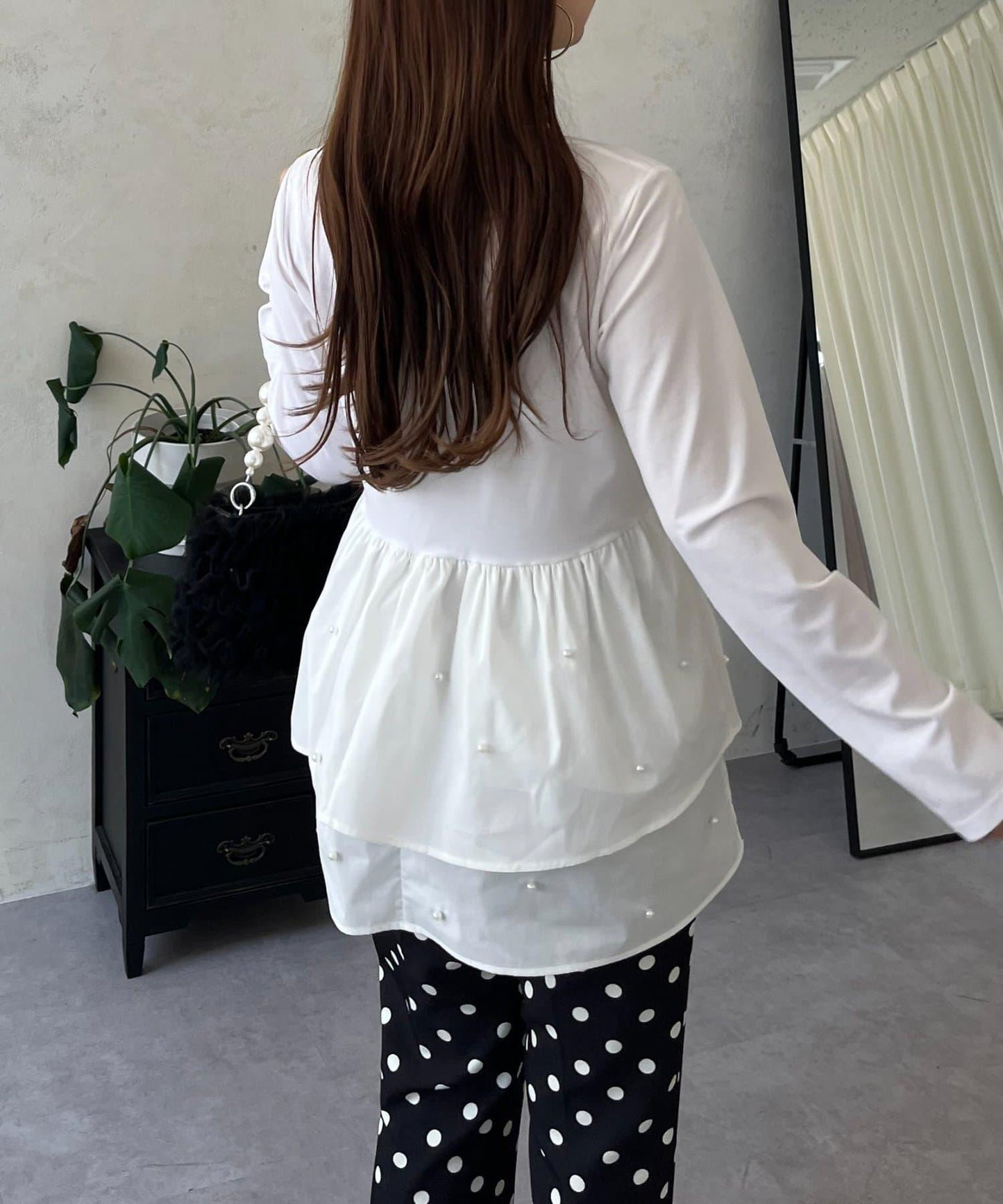 方領珍珠荷葉邊疊穿長袖T恤