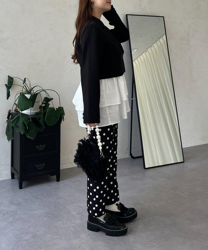 方領珍珠荷葉邊疊穿長袖T恤