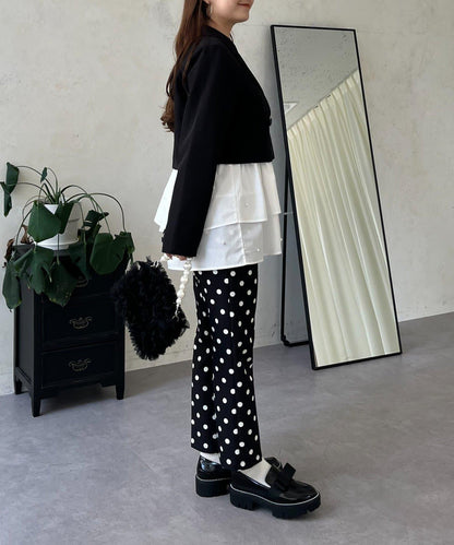 方領珍珠荷葉邊疊穿長袖T恤