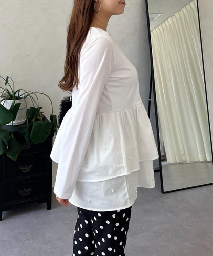 方領珍珠荷葉邊疊穿長袖T恤