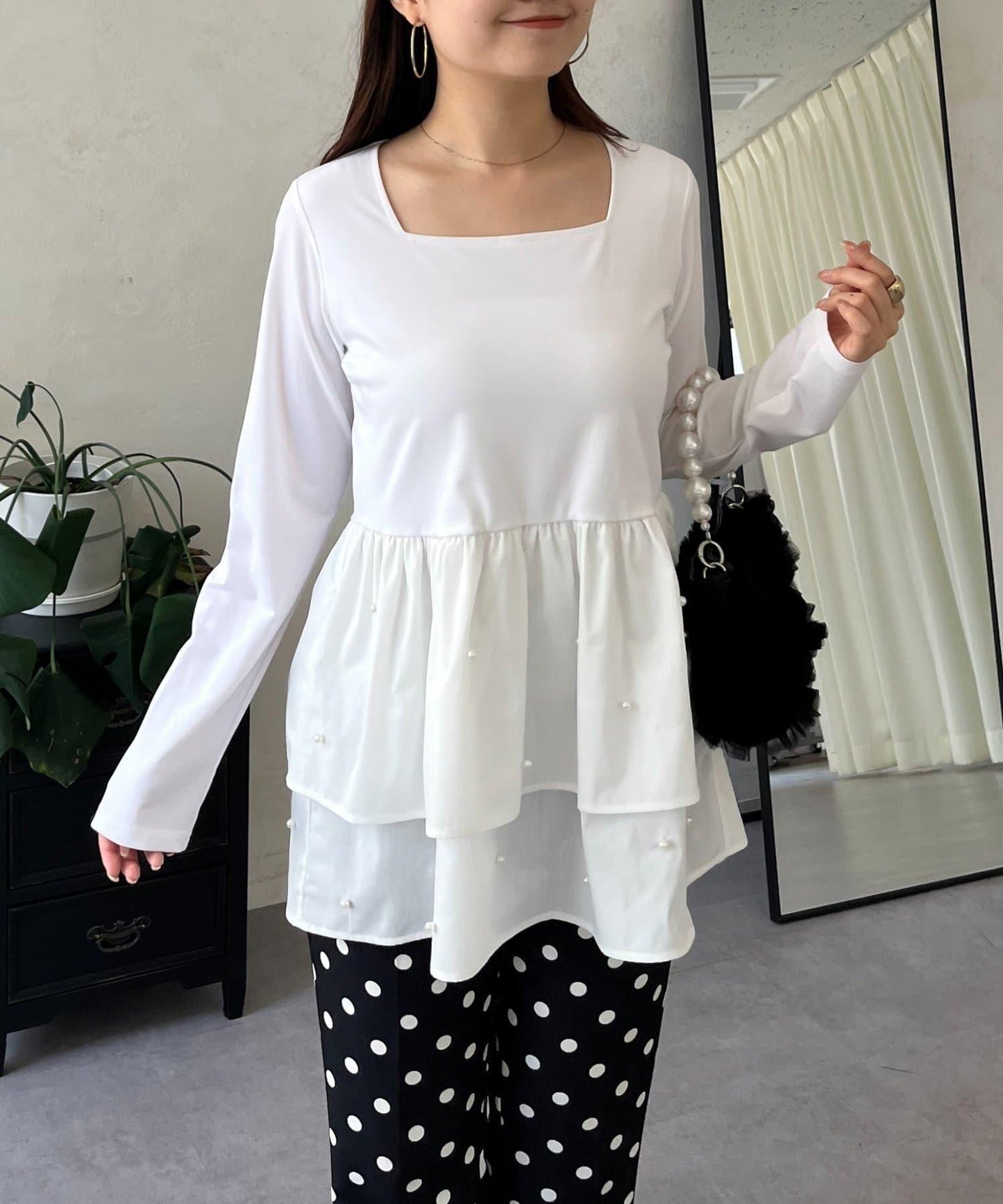 方領珍珠荷葉邊疊穿長袖T恤