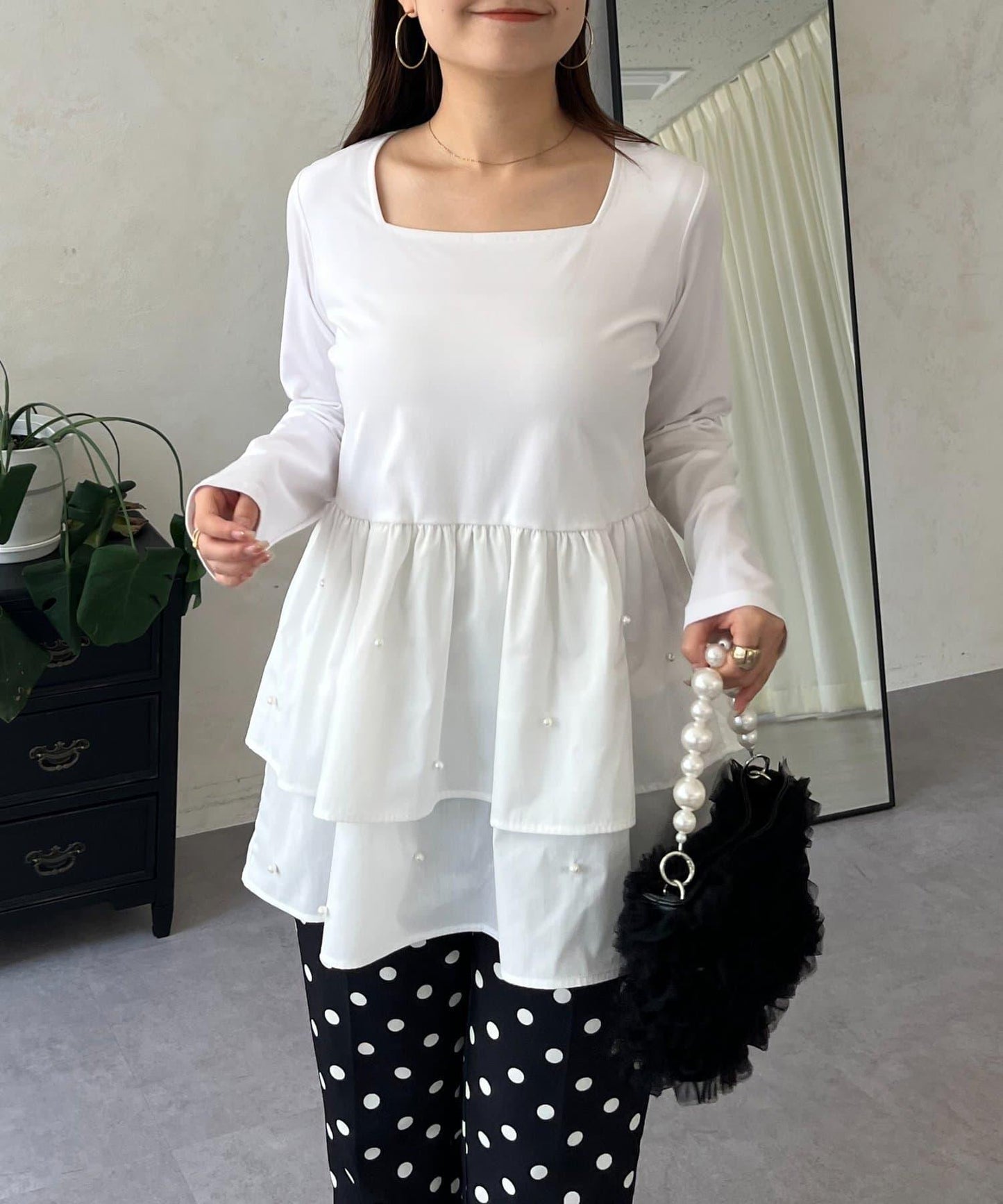 方領珍珠荷葉邊疊穿長袖T恤