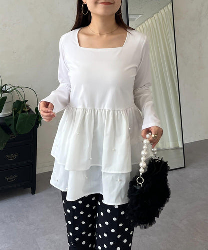方領珍珠荷葉邊疊穿長袖T恤