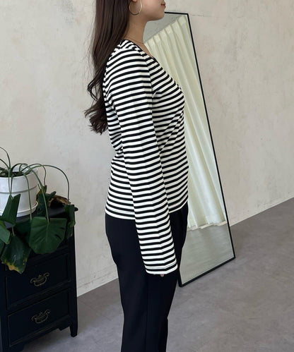 背部金屬條紋羅紋長袖T恤