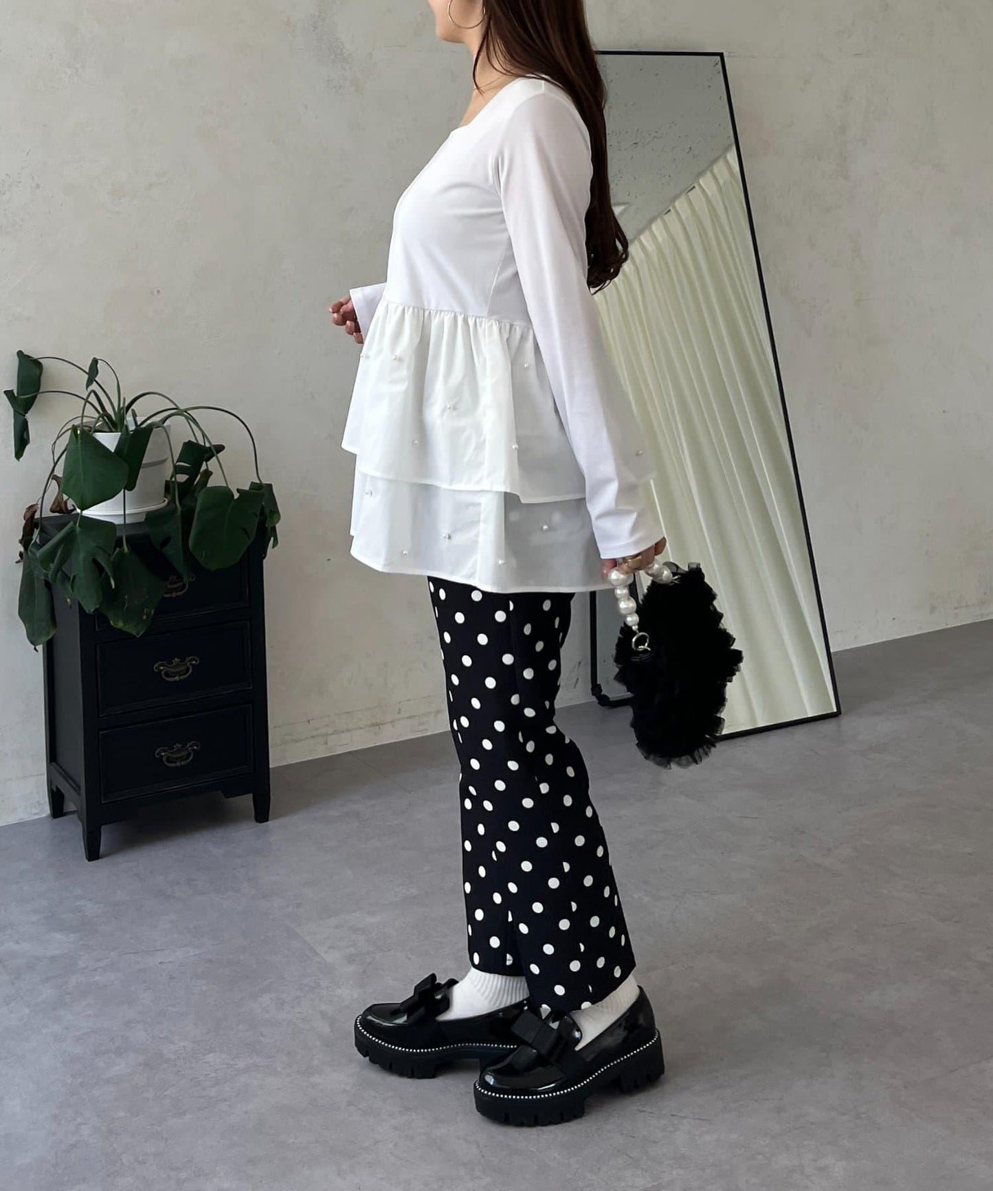 方領珍珠荷葉邊疊穿長袖T恤