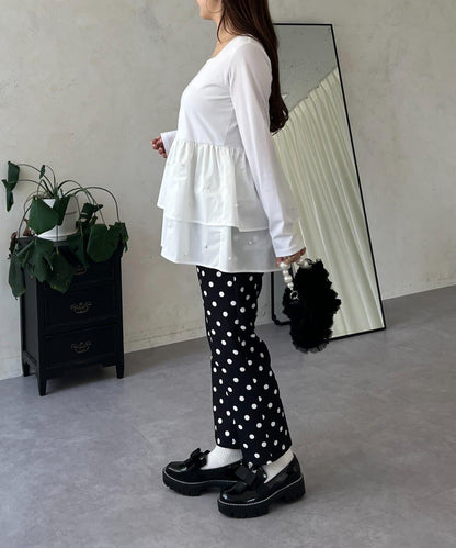 方領珍珠荷葉邊疊穿長袖T恤