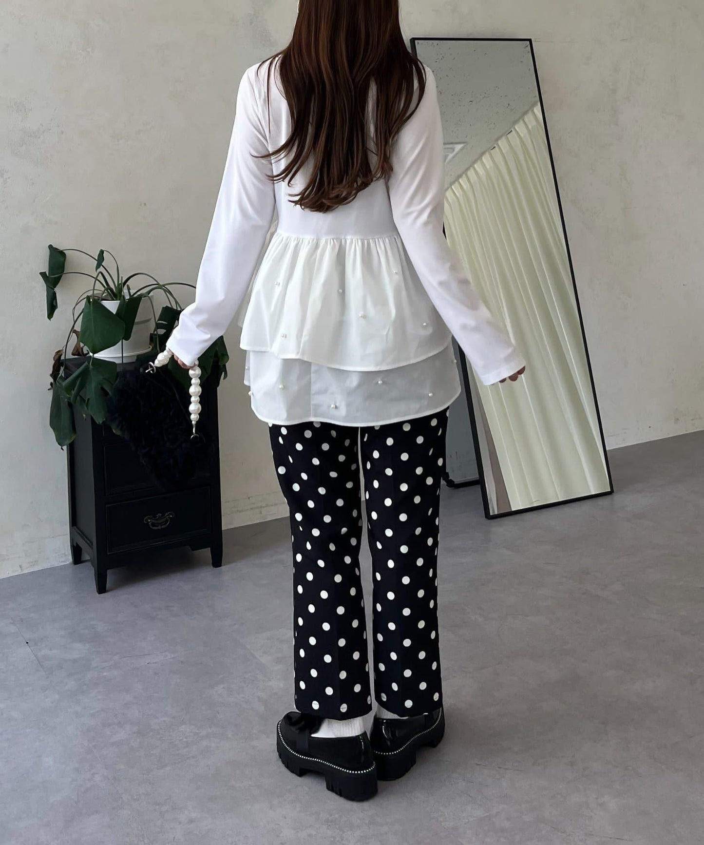 方領珍珠荷葉邊疊穿長袖T恤