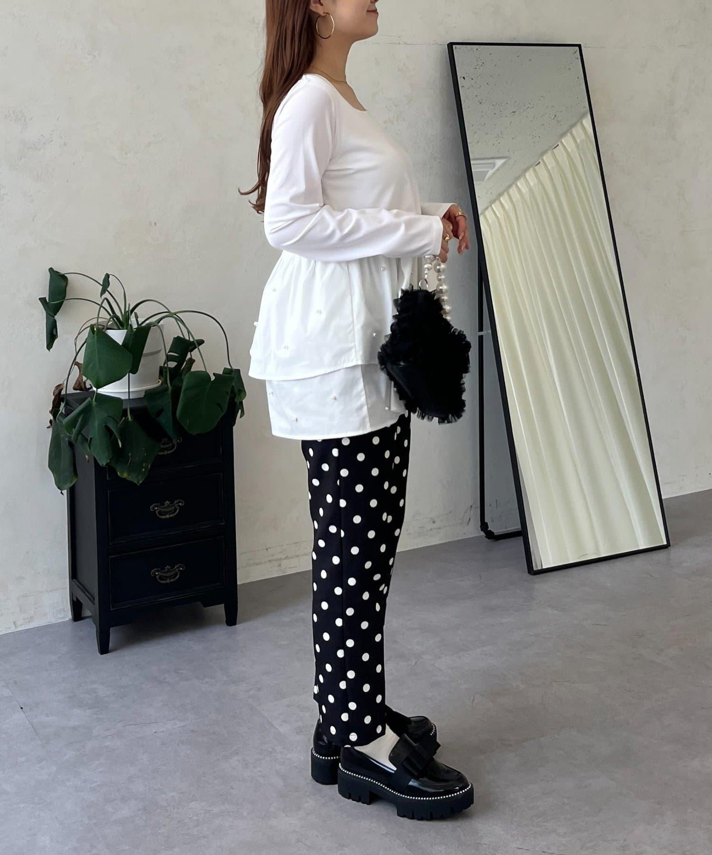 方領珍珠荷葉邊疊穿長袖T恤