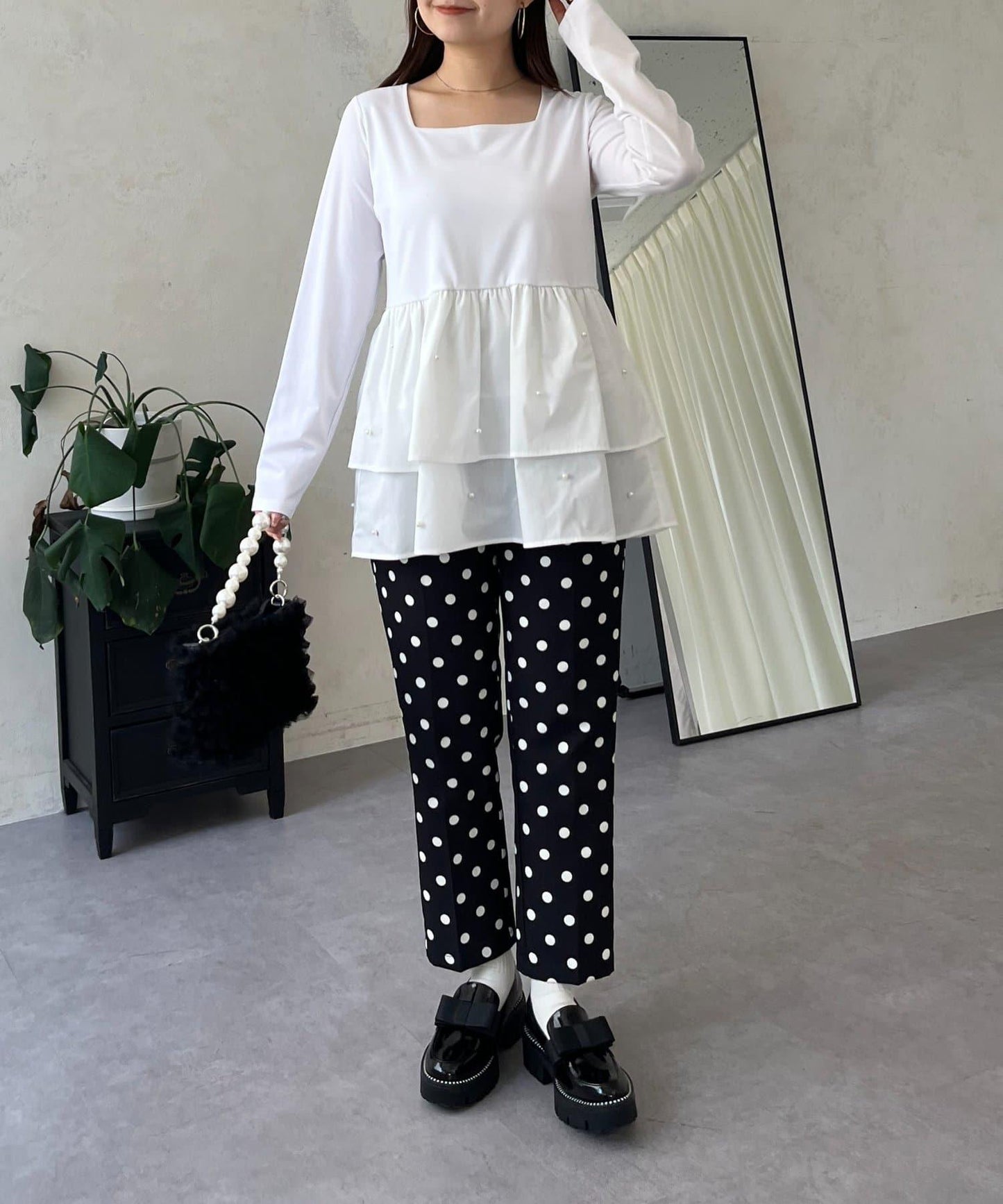 方領珍珠荷葉邊疊穿長袖T恤