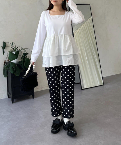 方領珍珠荷葉邊疊穿長袖T恤