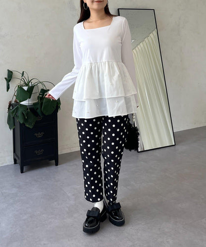 方領珍珠荷葉邊疊穿長袖T恤