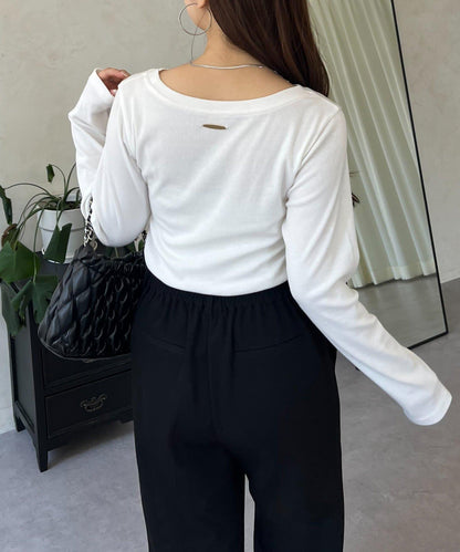 【可選領型】背部金屬裝飾羅紋長袖T恤