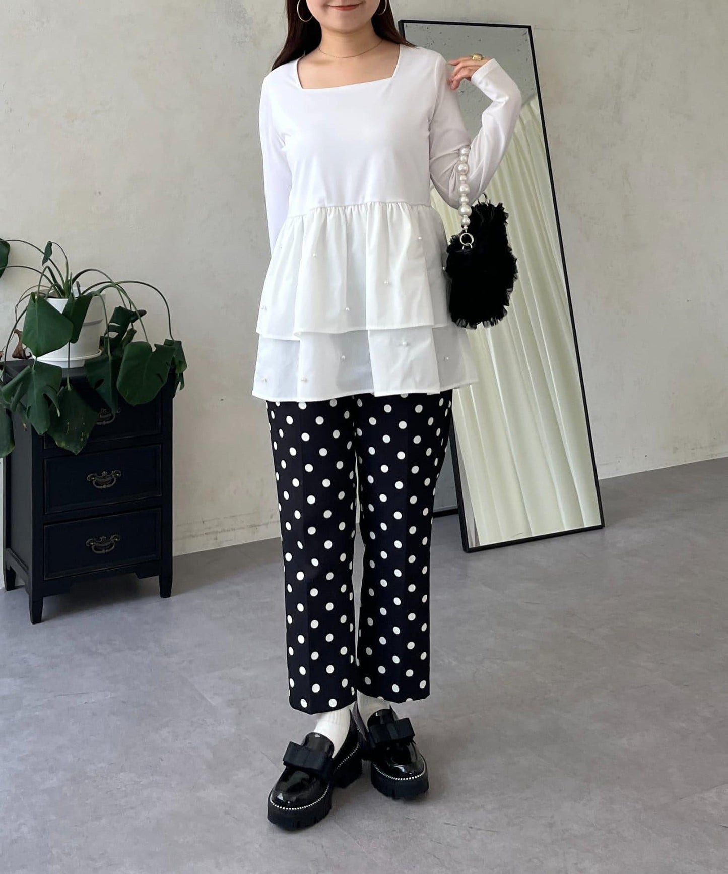 方領珍珠荷葉邊疊穿長袖T恤