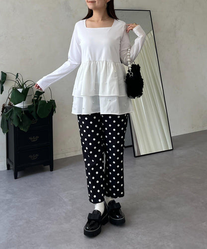 方領珍珠荷葉邊疊穿長袖T恤