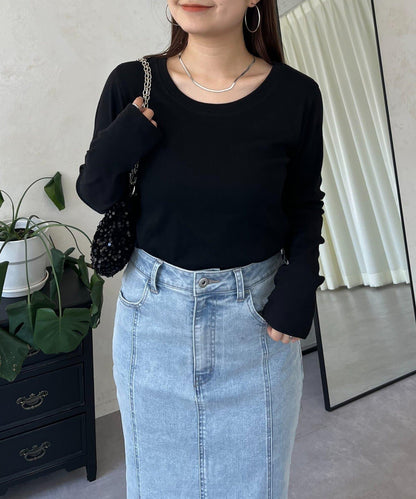 【可選領型】背部金屬裝飾羅紋長袖T恤