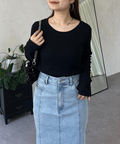 【可選領型】背部金屬裝飾羅紋長袖T恤