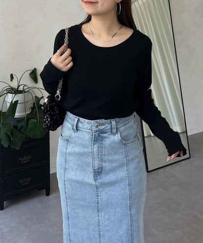 【可選領型】背部金屬裝飾羅紋長袖T恤