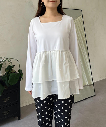 方領珍珠荷葉邊疊穿長袖T恤