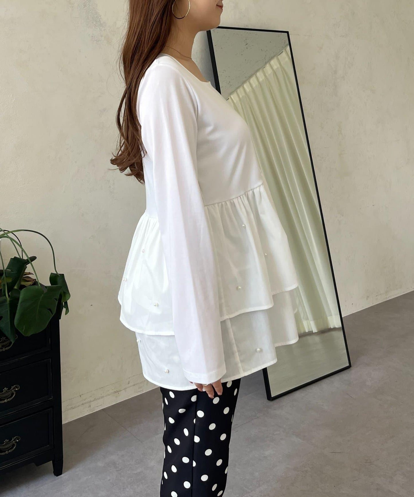 方領珍珠荷葉邊疊穿長袖T恤