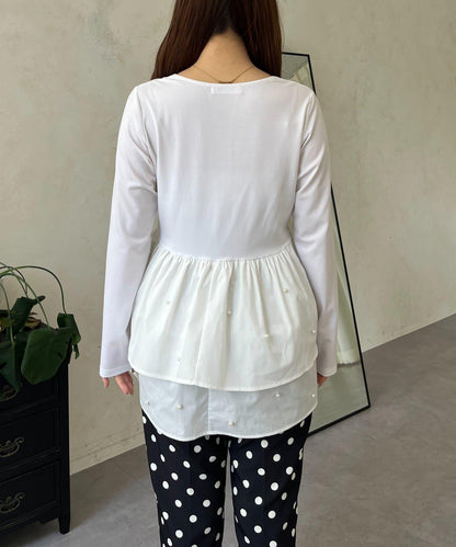 方領珍珠荷葉邊疊穿長袖T恤